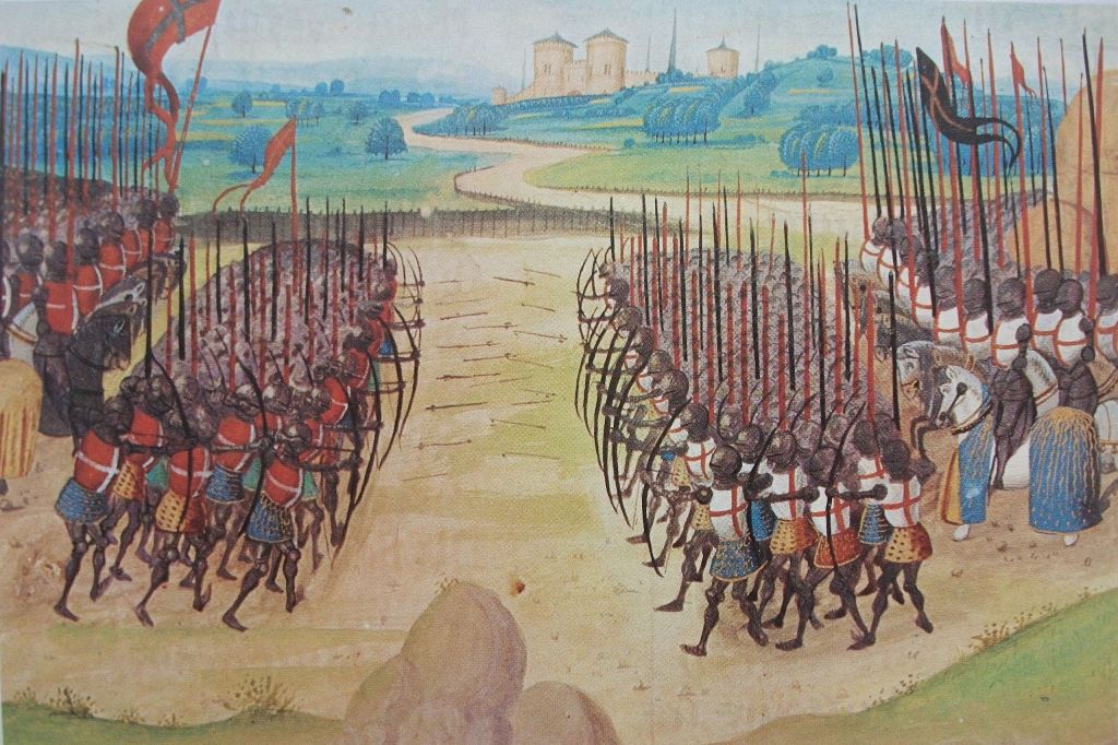 A manuscript illustration of the battle of Agincourt.