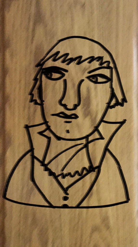 A drawing of a man meant to emulate an 18th century woodcut.