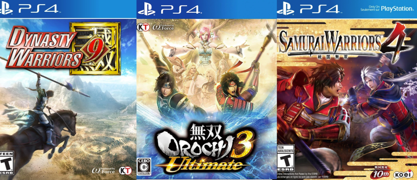 Several "Warriors" game box art examples. Warriors series: Koei-Tecmo. Images via Koei Wiki.