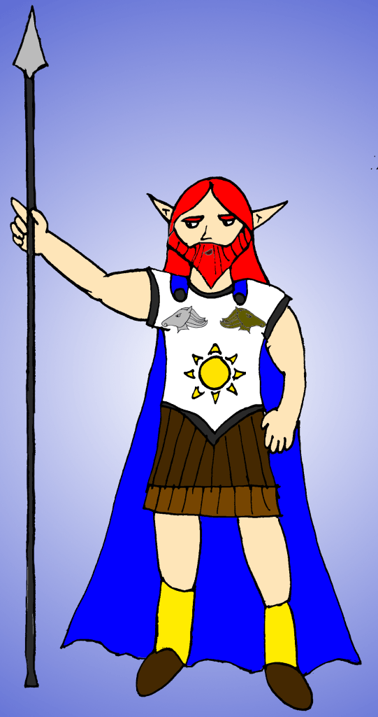 Quintus Marcellinus Styracosaurus, an Elf with a red beard wearing Romanesque armour.