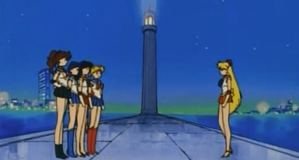 The first meeting of all five Sailor Scouts in the 90s Sailor Moon anime.