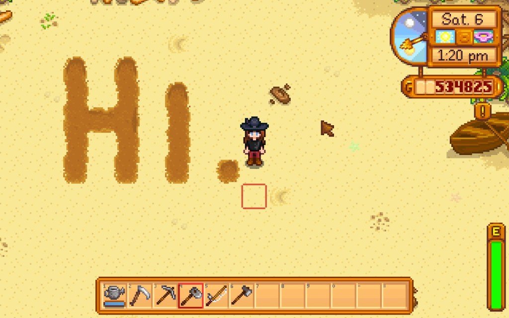 A screenshot from Stardew Valley. The player characters has written the word "Hi." into the breach with farm tools.