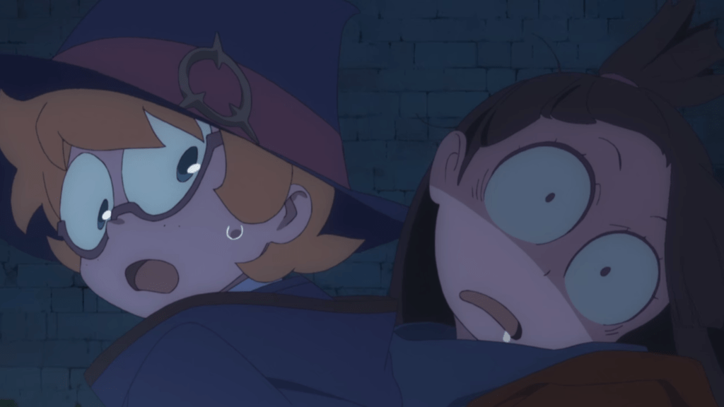 Lotte and a stunned Akko from "Little Witch Academia."