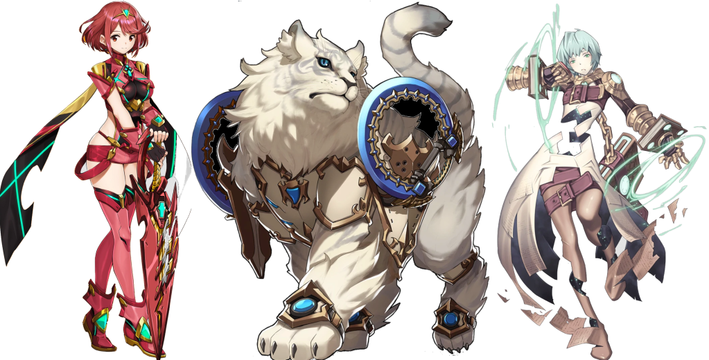 Art of three Blades from Xenoblade Chronicles 2: Pyra, Dromarch, and Adenine.