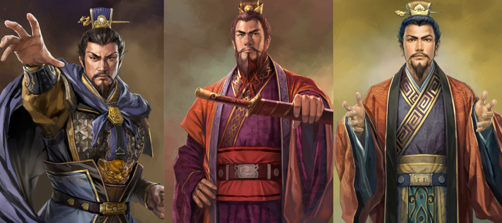 Chinese warlords Cao Cao, Sun Quan, and Liu Bei as depicted in Romance of the Three Kingdoms XII.