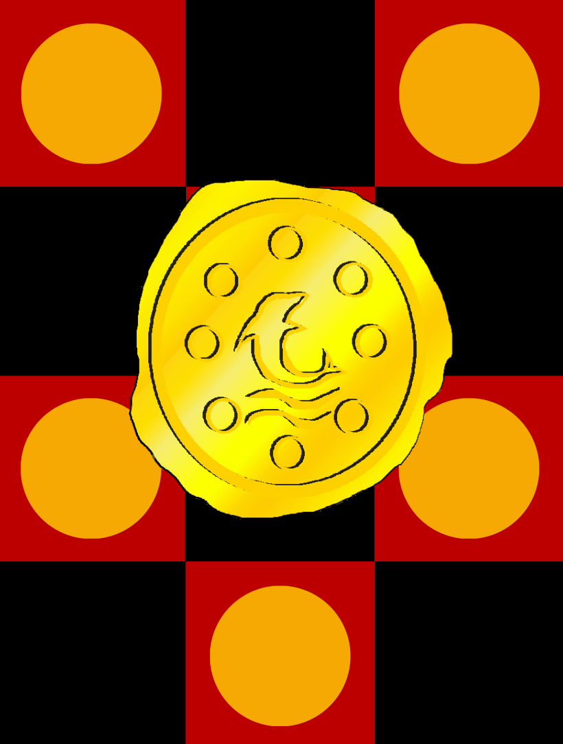 The cover of the Realmgard book "Fryte's Gold." A gold coin with a dolphin and nine circle, on a red and black checkered background with orange circles on the red squares.