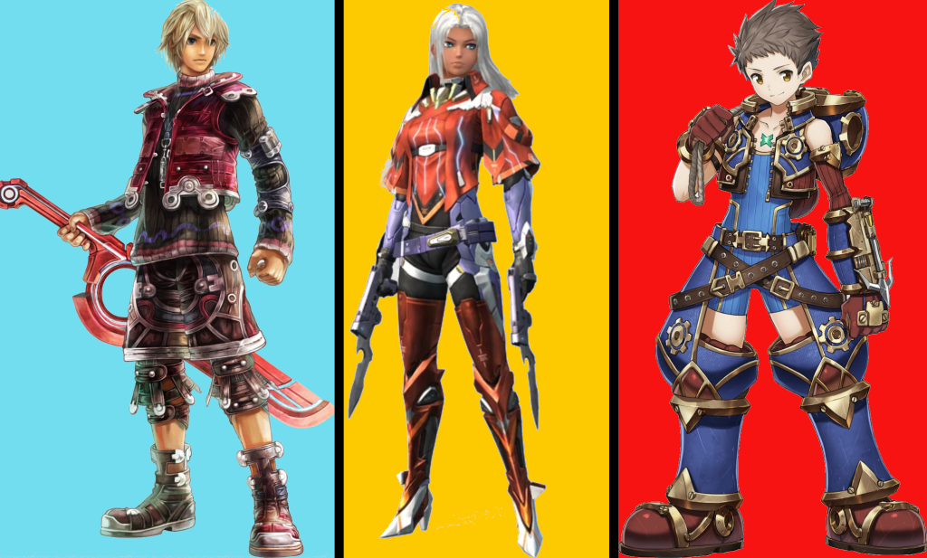 Art of the first three Xenoblade protagonists: Shulk, Elma, and Rex.