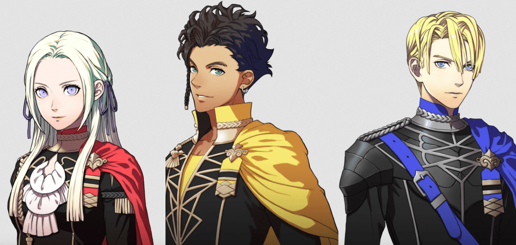 Fire Emblem Three Houses main characters Edelgard, Claude, and Dimitri.