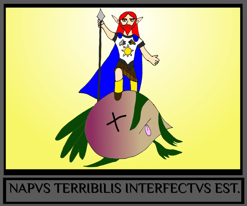 Quintus Marcellinus Styracosaurus vanquishing the Turnip-Thing.