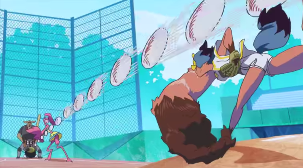 A raccoon-girl uses superhuman strength to pitch at a baseball game.