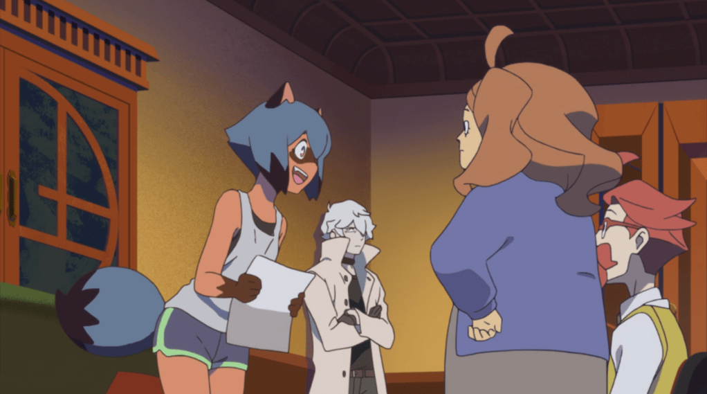 A raccoon-girl talks excitedly to a man and a woman, as a white-haired man looks on in aloof disinterest.