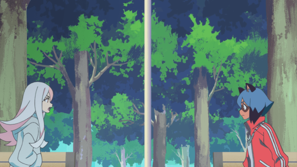 A human girl with white and pink hair yells at a raccoon-girl in a public park.