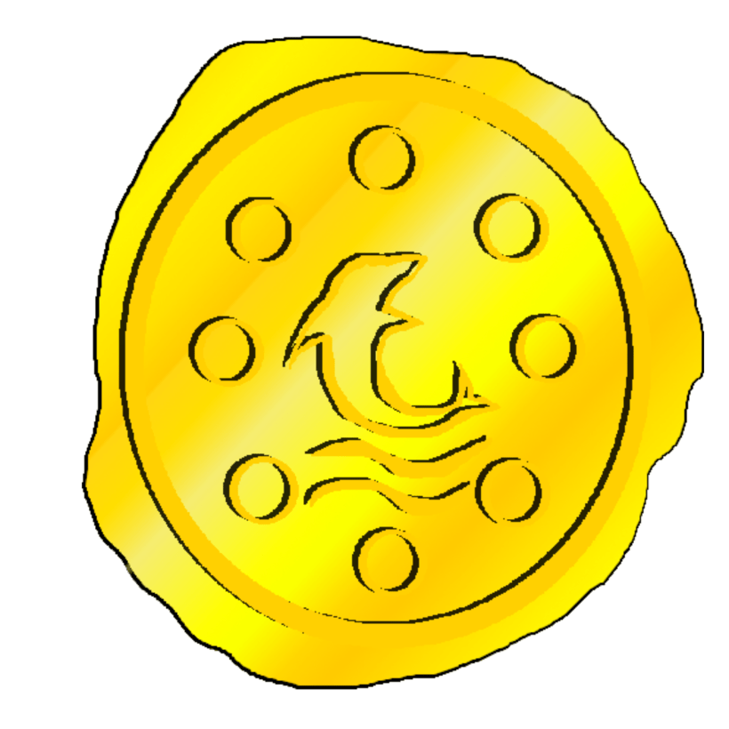 A gold coin with the image of a dolphin, waves and nine circles.