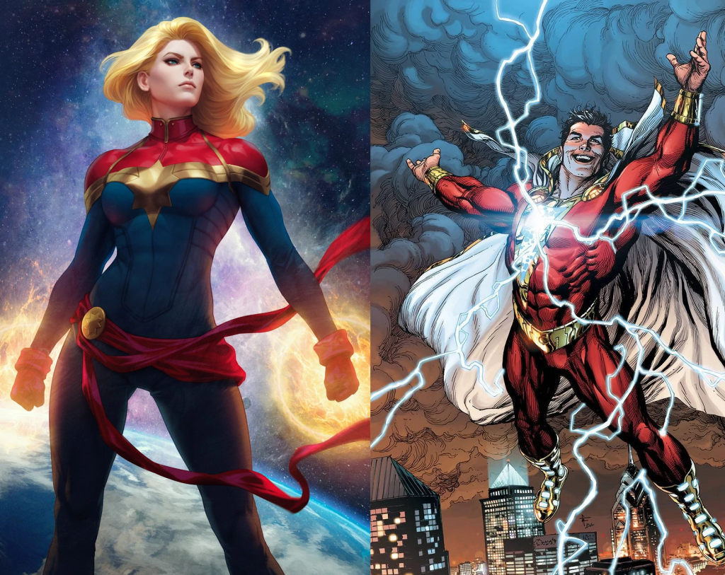A side-by-side comparison of Marvel's heroine Captain Marvel with DC's hero currently known as Shazam and formerly known as Captain Marvel.