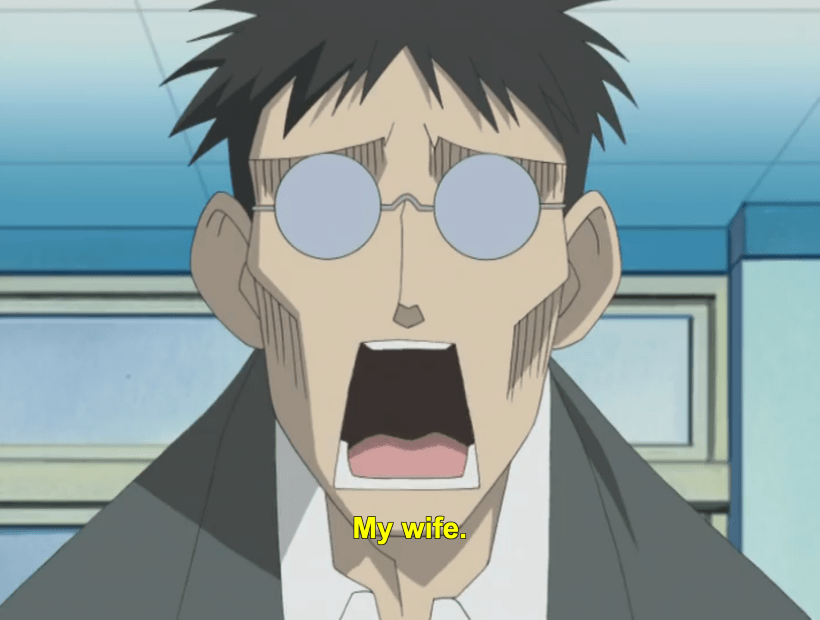 Mr. Kimura from Azumanga Daioh, speaking the words "my wife."