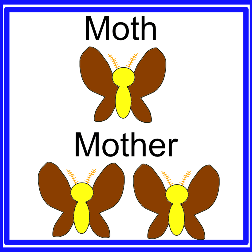 A moth labelled "Moth."
Two moths labelled "Mother."