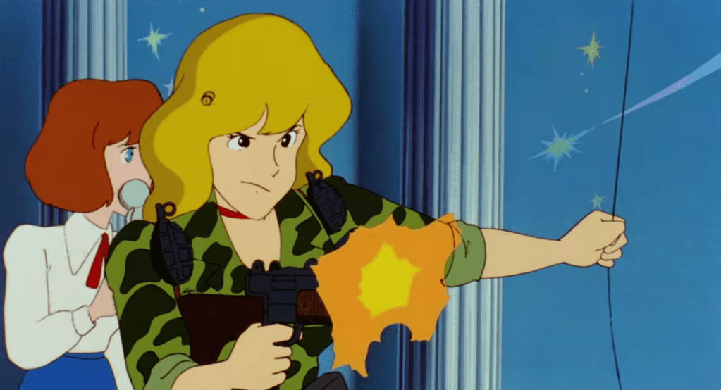 Lupin III character Fujiko Mine with a machine gun in a scene from "The Castle of Cagliostro".
