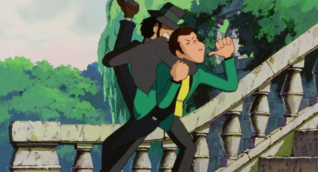 Jigen grabbing Lupin in an elaborate submission hold in a scene from "The Castle of Cagliostro".