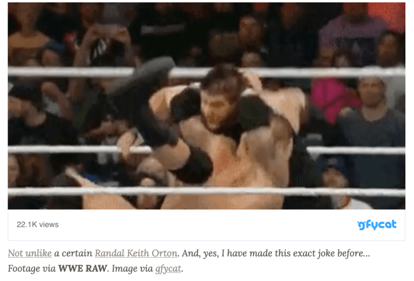 Pro Wrestler Randy Orton delivering an RKO, captioned "not unlike a certain Randal Keith Orton" in reference to sneaking up on people.