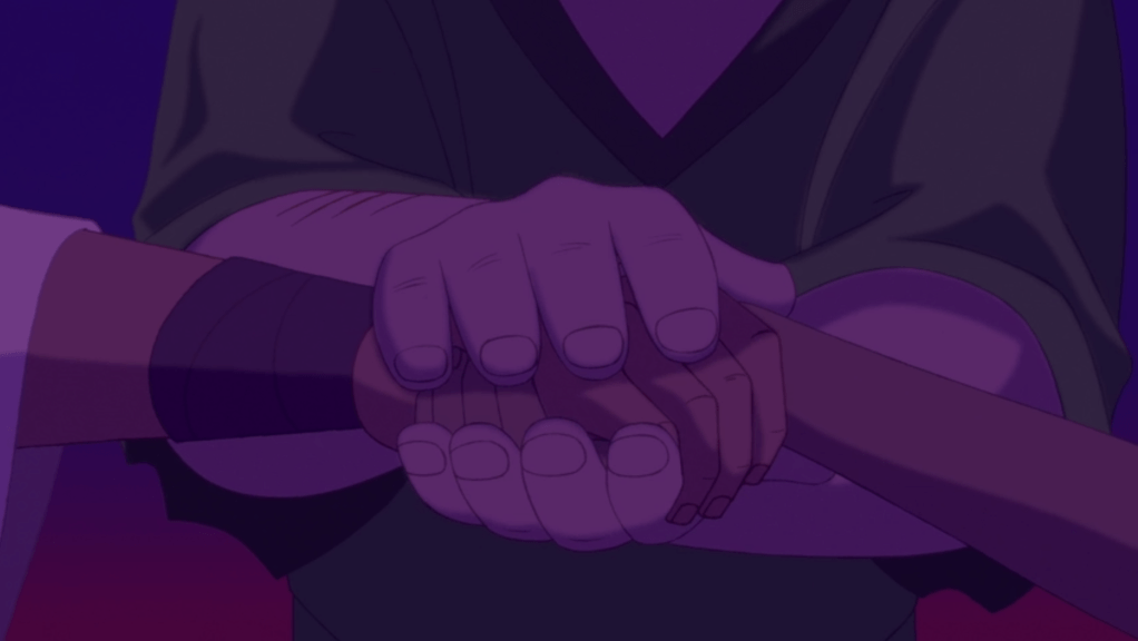 A scene from "The Hunchback of Notre Dame", the three main characters holding hands.