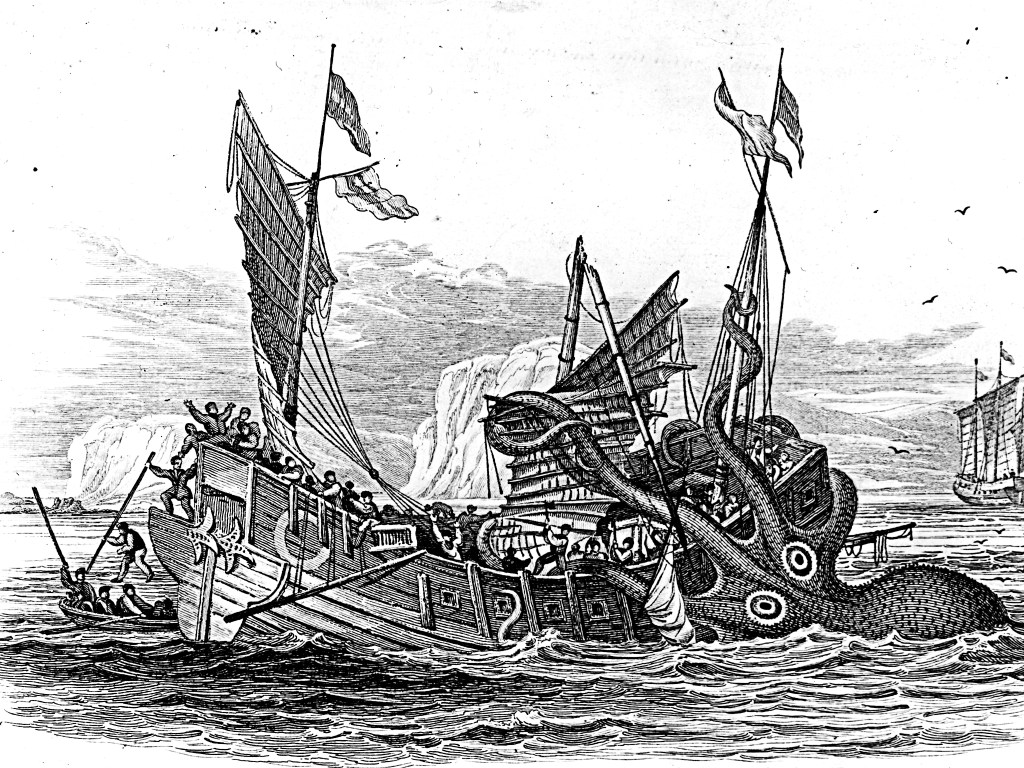 An old woodcut of a kraken attacking a ship.