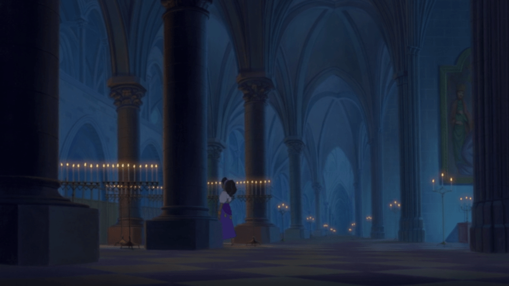 A scene from "The Hunchback of Notre Dame", an interior shot of the church.