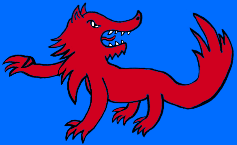 A heraldic image: a red wolf on a blue background.