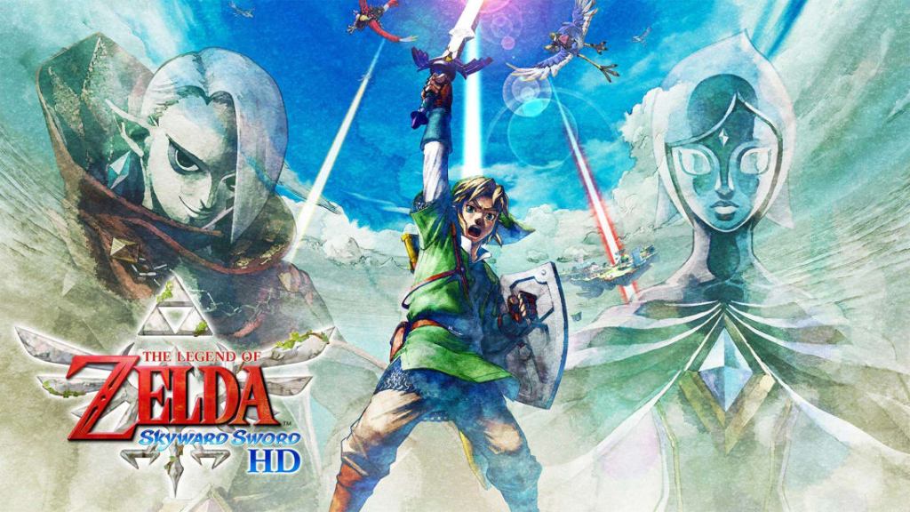 A header image for Skyward Sword. Villain Ghirahim on the left, Link in the middle, and sidekick Fi on the right.