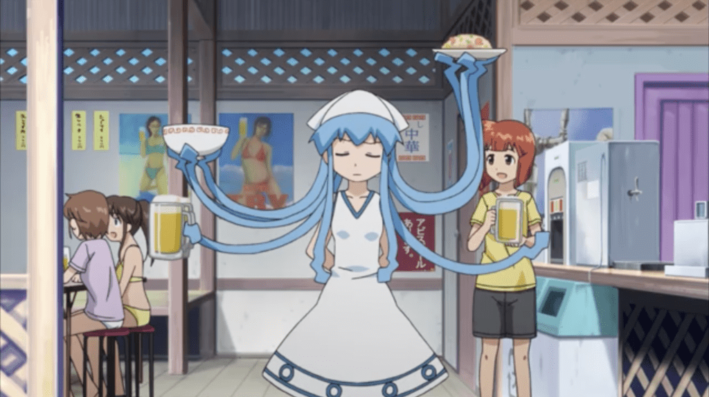Squid Girl working as a waitress at a beachfront cantina.