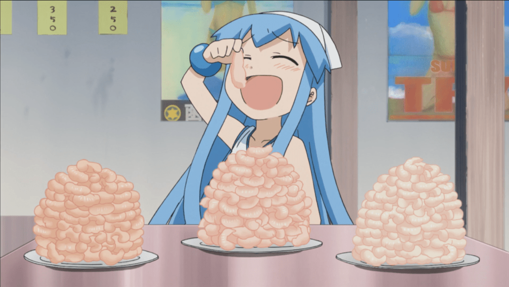 Squid Girl preparing to eat three plates of shrimp.