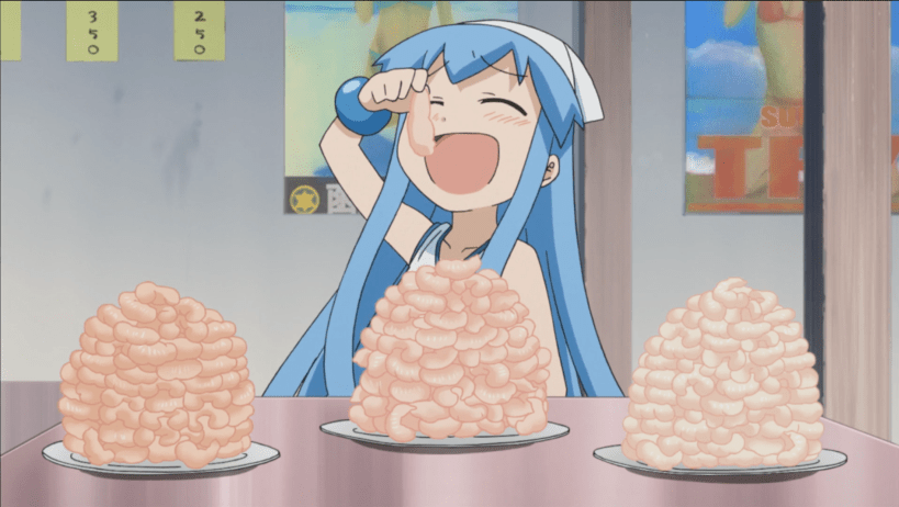Squid Girl from "Squid Girl" eating three plates of shrimp.