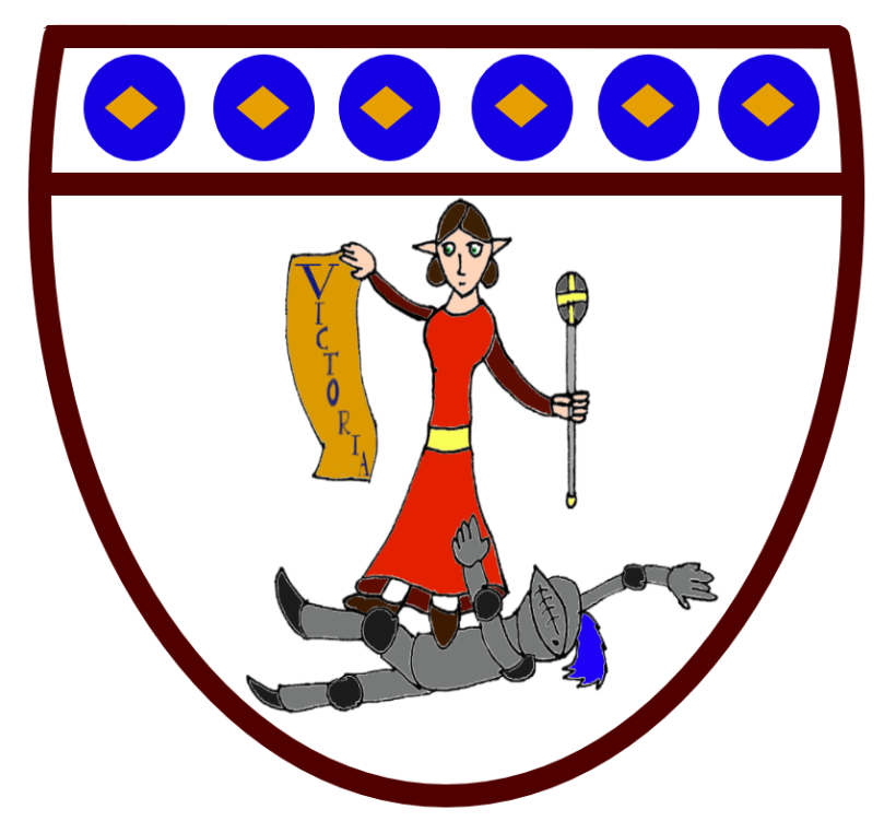 The emblem of Colline: Forte trampling an enemy knight while holding a scroll reading 'Victoria.'