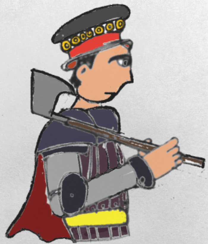 Mercenary captain John Hawthorn, in profile, wearing armour and resting an axe on his shoulder.