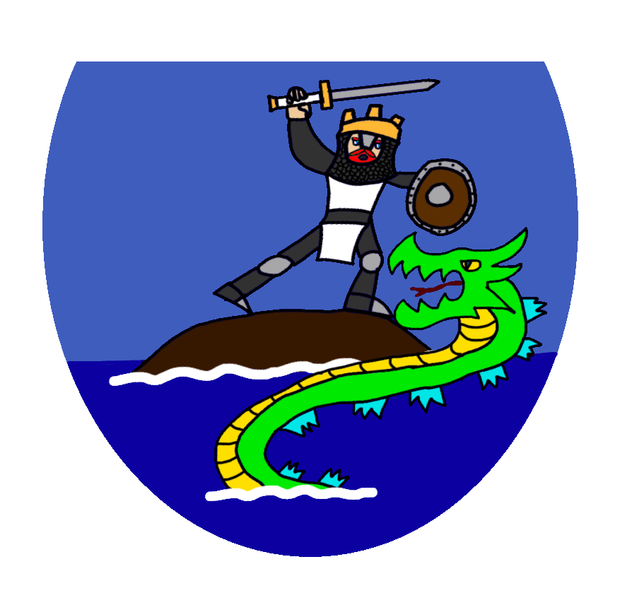 A shield depicting Duke Mercurio fighting the Orc.