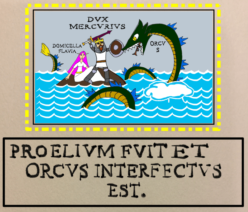 A manuscript page depicting Duke Mercurio fighting the Orc.