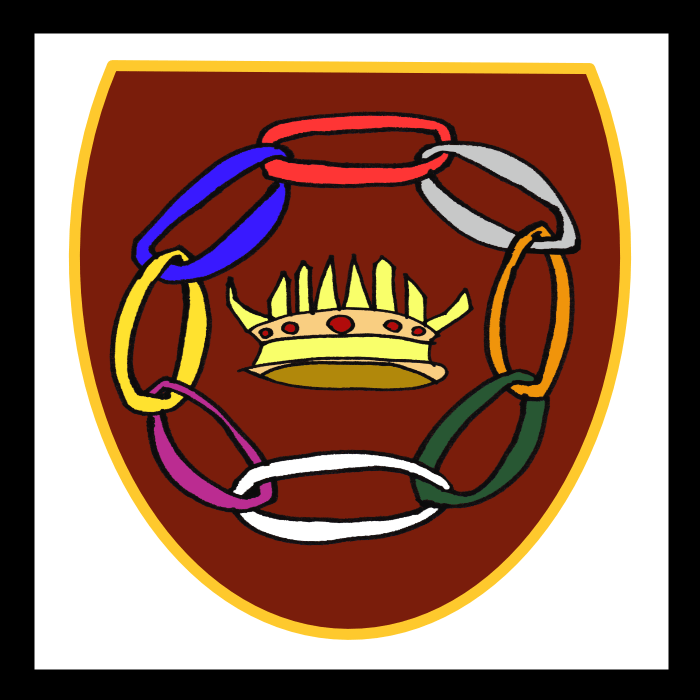 A heraldic crest: a red shield with eight chain links in a circle around a crown with eight points.
