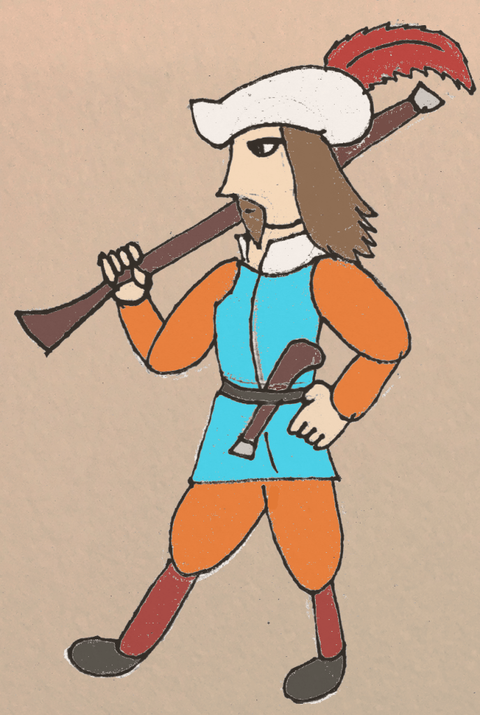 A soldier, modeled on a Spanish Imperial-era musketeer.