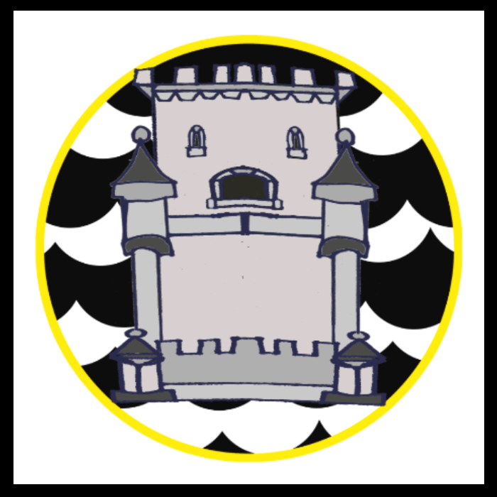 A heraldic crest: a black-and-white scalloped background in a yellow circle with the image of a stone tower.