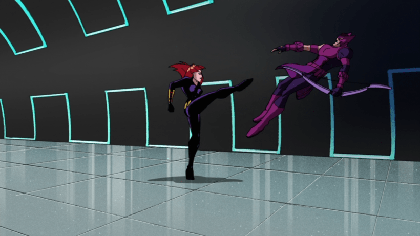 The same image of Black Widow kicking Hawkeye.