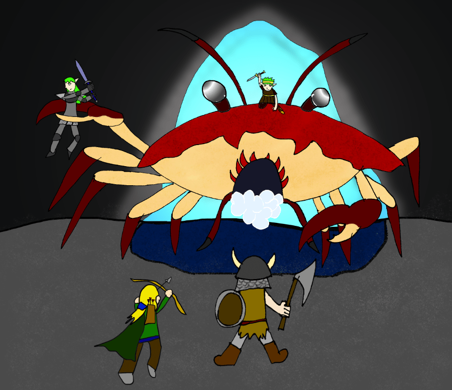 Several adventurers fighting a Gigacrab.