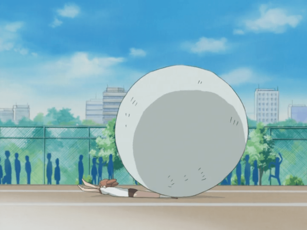 Chiyo being run over by a large ball during a Sports Festival.