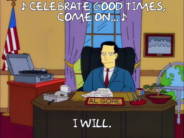 Al Gore listening to Kool & the Gang's 'Celebration' from an episode of 'The Simpsons.'