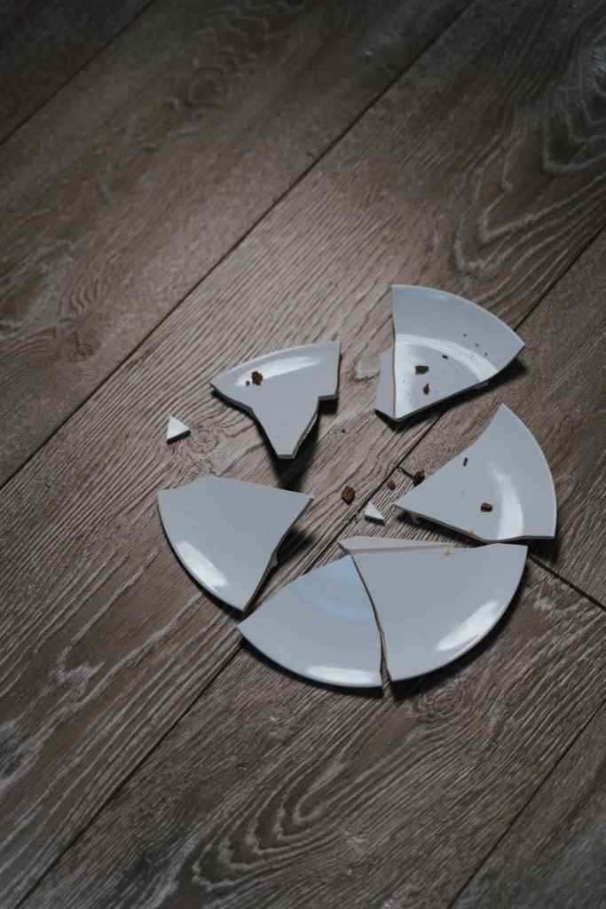 A broken plate on a wooden floor.