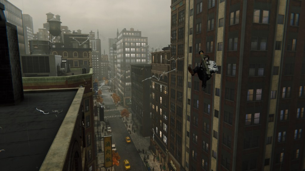 An enemy from "Marvel's Spider-Man" being thrown off a rooftop.
