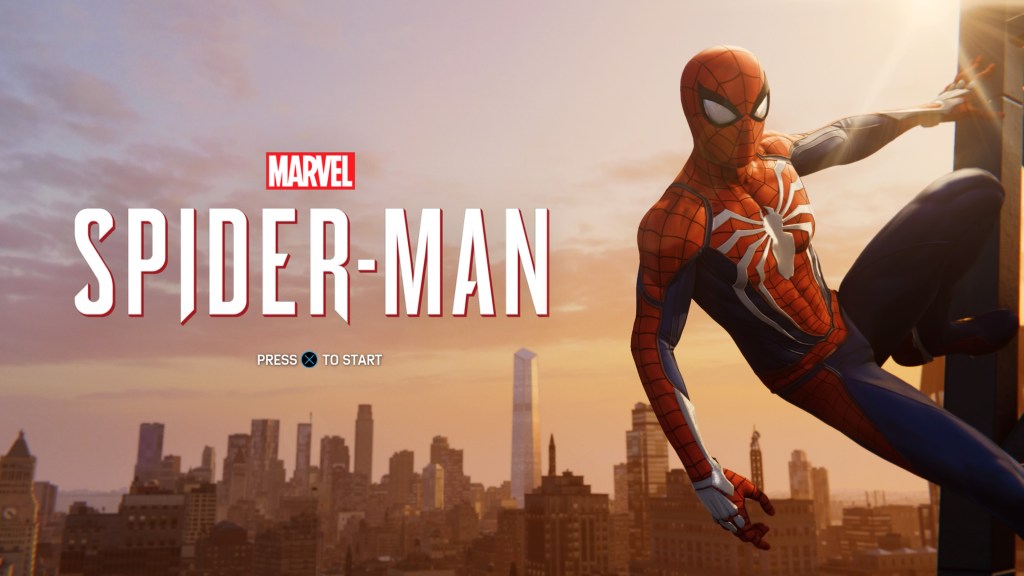 The title screen of "Marvel's Spider-Man" video game; Spider-Man on the side of a building with New York in the background.