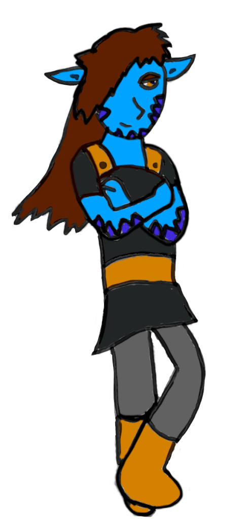 Petra, a blue-skinned woman standing with her arms crossed.