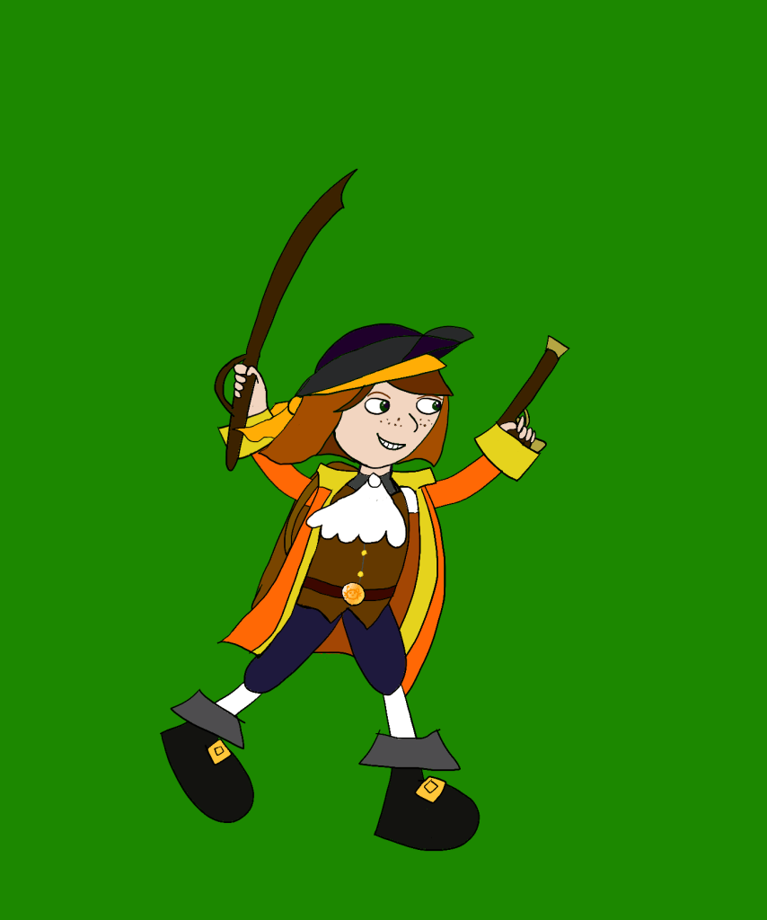 Dunstana Darkstone with her sword and gun.