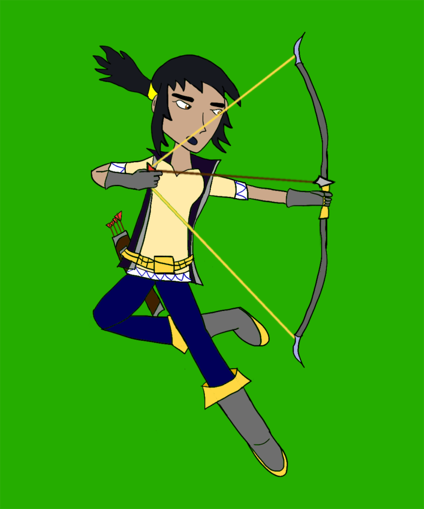 Kat Darkstone, jumping and drawing her bow