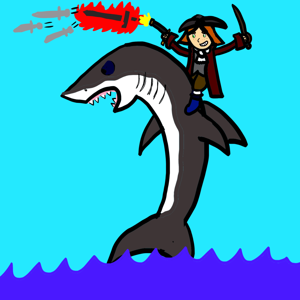 Dunstana, riding a shark, shooting a gun that shoots swords that are on fire that shoot other swords.