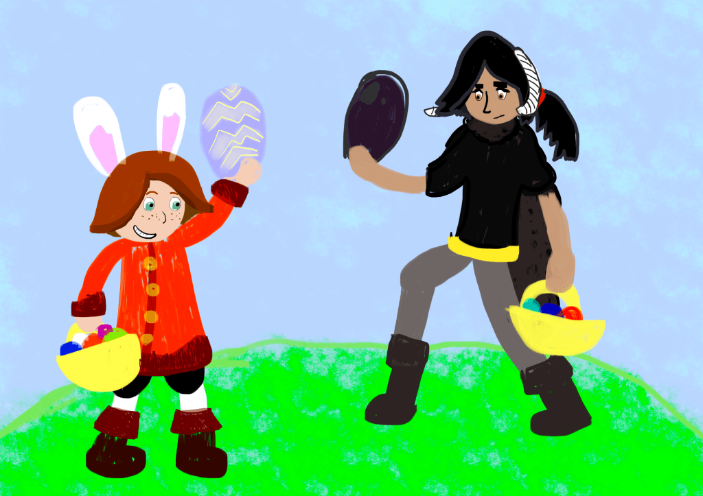 Kat and Dunstana in Easter costumes.